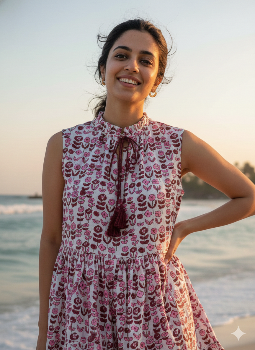 Pink & Mauve Floral Hand Block Print Boho Mini Dress