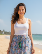 Sky Blue Hand Block Printed Cotton Flared Skirt with Tassel Tie-Up