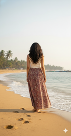 Dusty Rose Floral Hand Block Printed Cotton Maxi Skirt – Smocked Waist Tiered Skirt