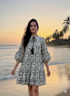 Ivory & Charcoal Floral Hand Block Printed Tiered Mini Dress