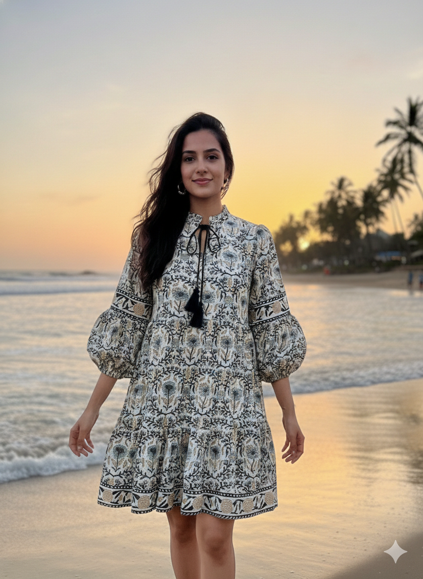 Ivory & Charcoal Floral Hand Block Printed Tiered Mini Dress
