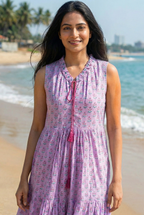Lavender Floral Hand Block Printed Tiered Maxi Dress