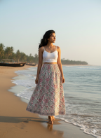 Off-White Floral Handcrafted Cotton Tiered Maxi  Skirt – Smocked Waist Boho Skirt