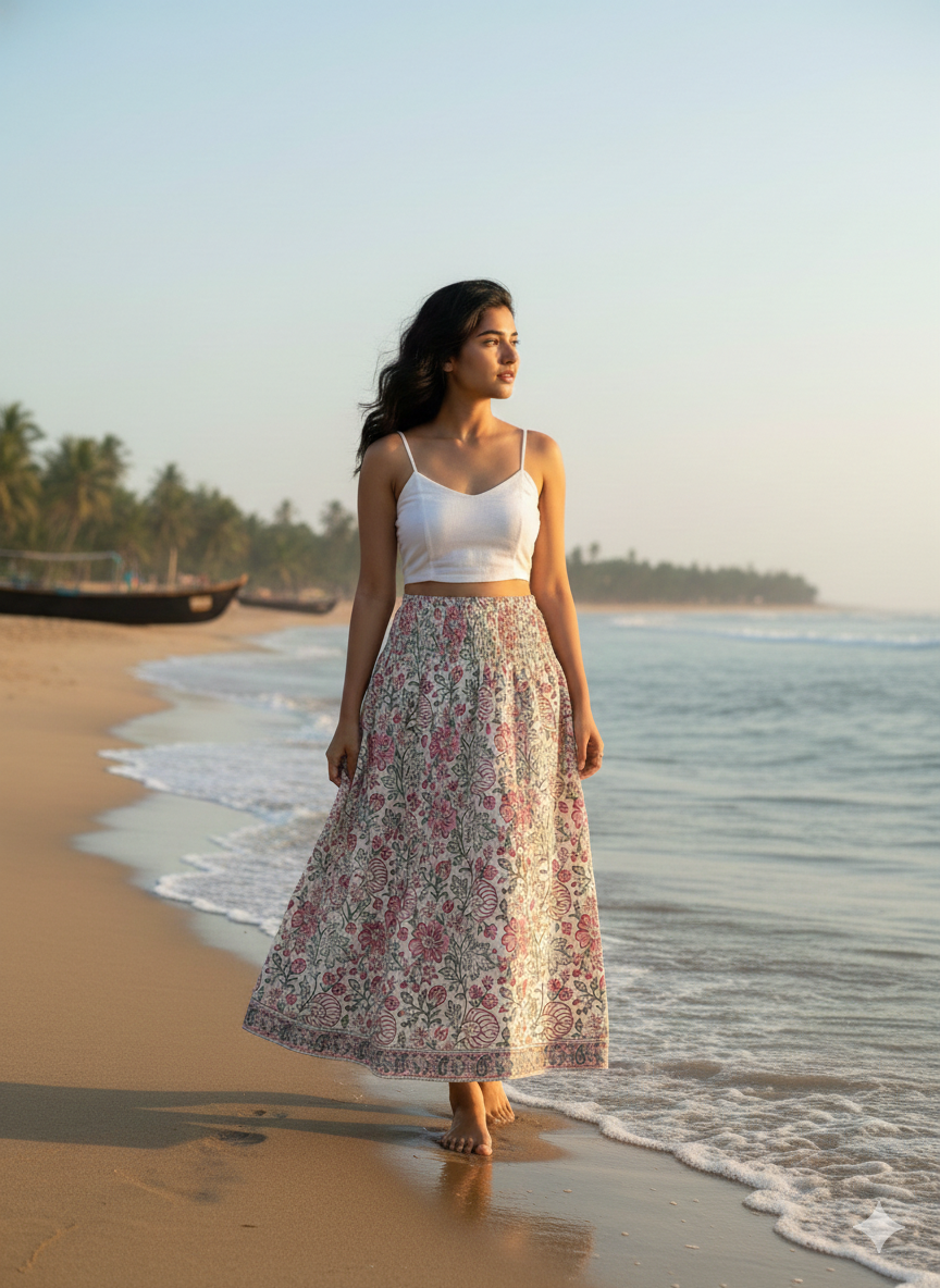 Off-White Floral Handcrafted Cotton Tiered Maxi  Skirt – Smocked Waist Boho Skirt