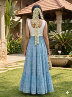 Sky Blue Floral Cotton Elastic Waist Maxi Skirt