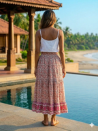 Rust Floral Cotton Smocked Waist Long Skirt