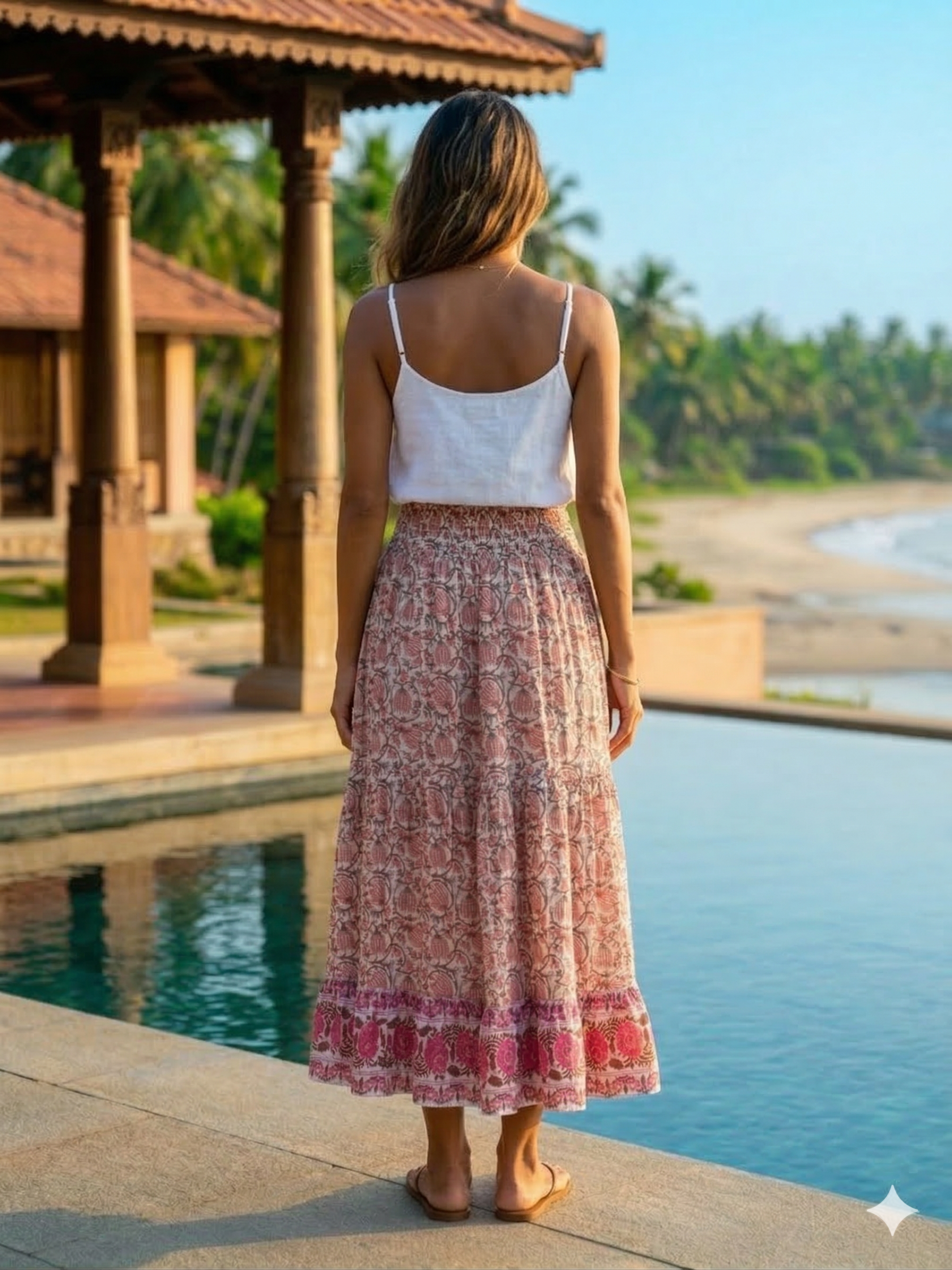Rust Floral Cotton Smocked Waist Long Skirt