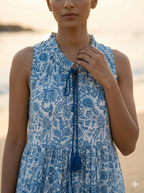Indigo Blue Floral Hand Block Printed Cotton Tiered Maxi Dress