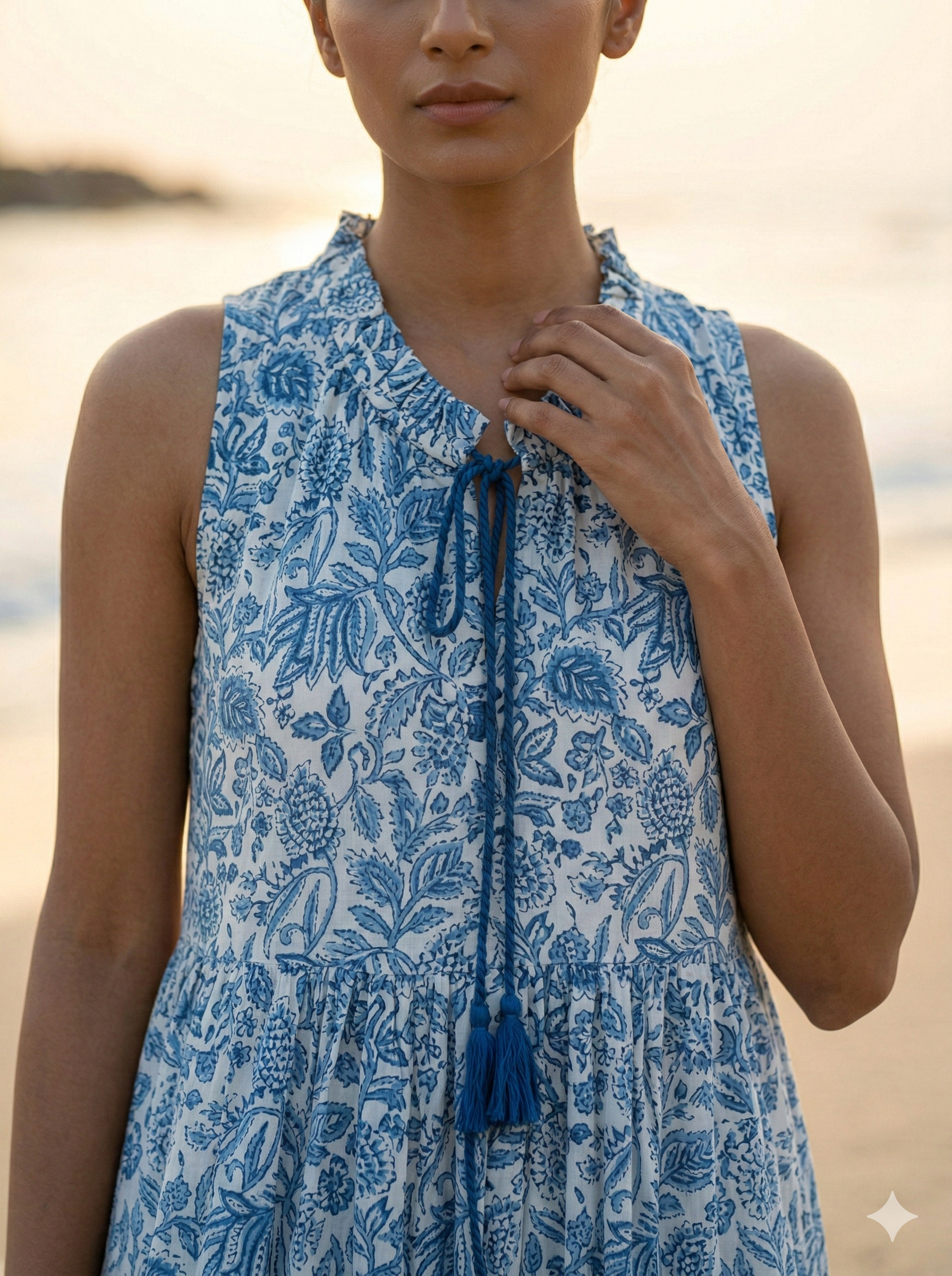 Indigo Blue Floral Hand Block Printed Cotton Tiered Maxi Dress