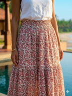 Rust Floral Cotton Smocked Waist Long Skirt