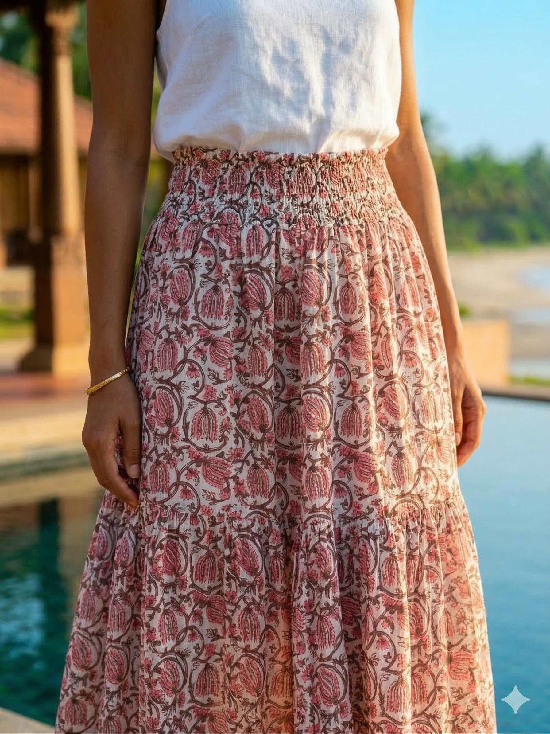 Rust Floral Cotton Smocked Waist Long Skirt