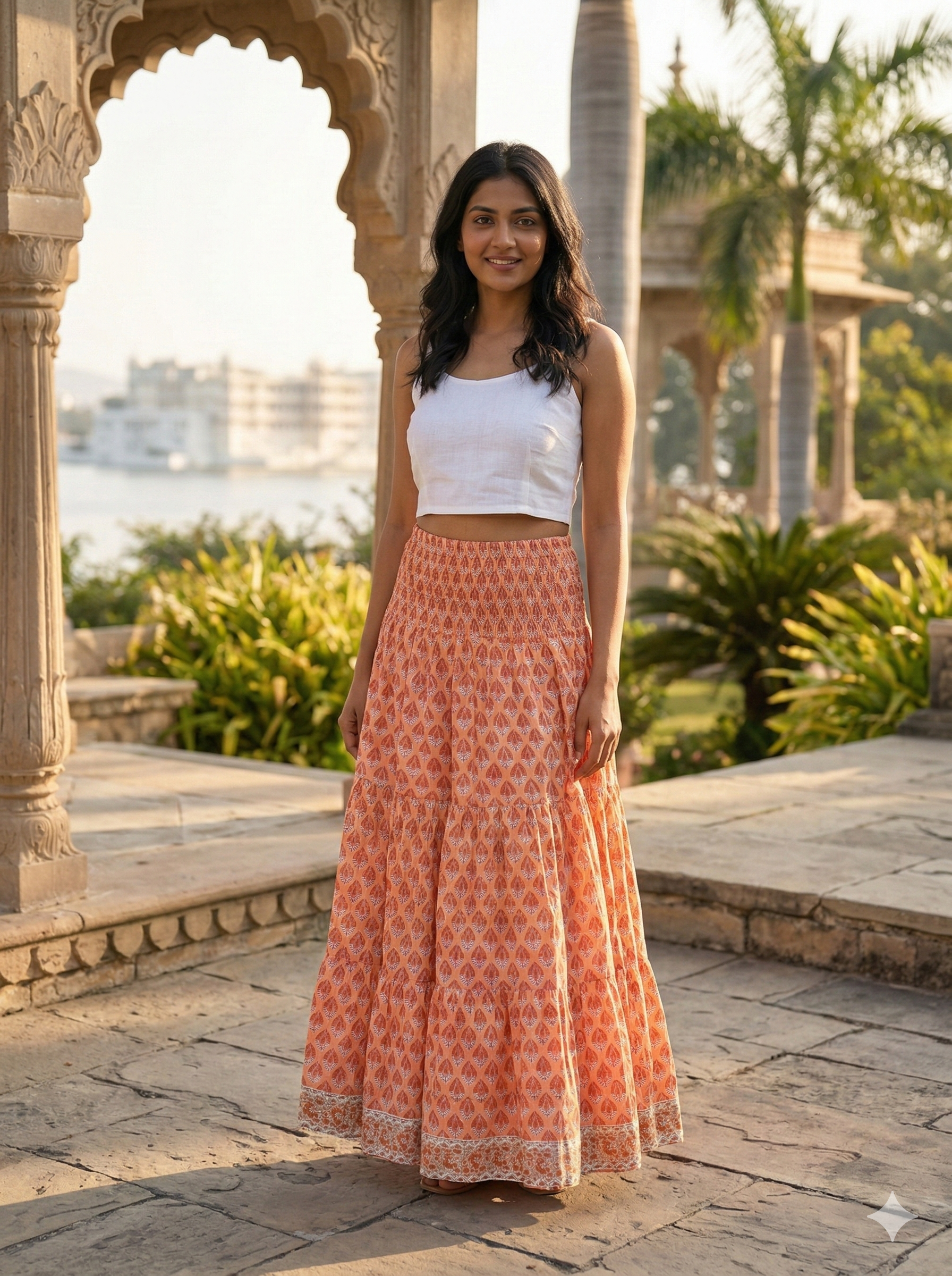 Sunset Coral Handcrafted Cotton Maxi Skirt – Traditional Buti Smocked Waist