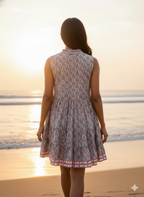 Grey & Pink Floral Hand Block Printed Cotton Tiered Beach Dress with Tassels