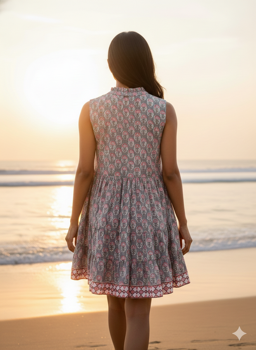 Grey & Pink Floral Hand Block Printed Cotton Tiered Beach Dress with Tassels