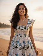 Indigo Blue Floral Hand Block Women's Tiered Mini Dress