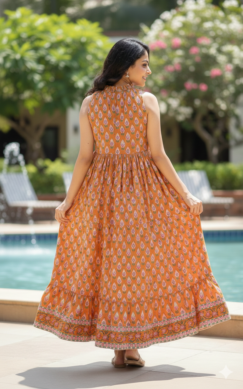 Mustard Hand Block Printed Cotton Maxi Dress with Tassel Tie-Up