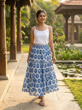 Indigo Buta Hand Block Printed Cotton Maxi Skirt – Smocked Waist Tiered Skirt