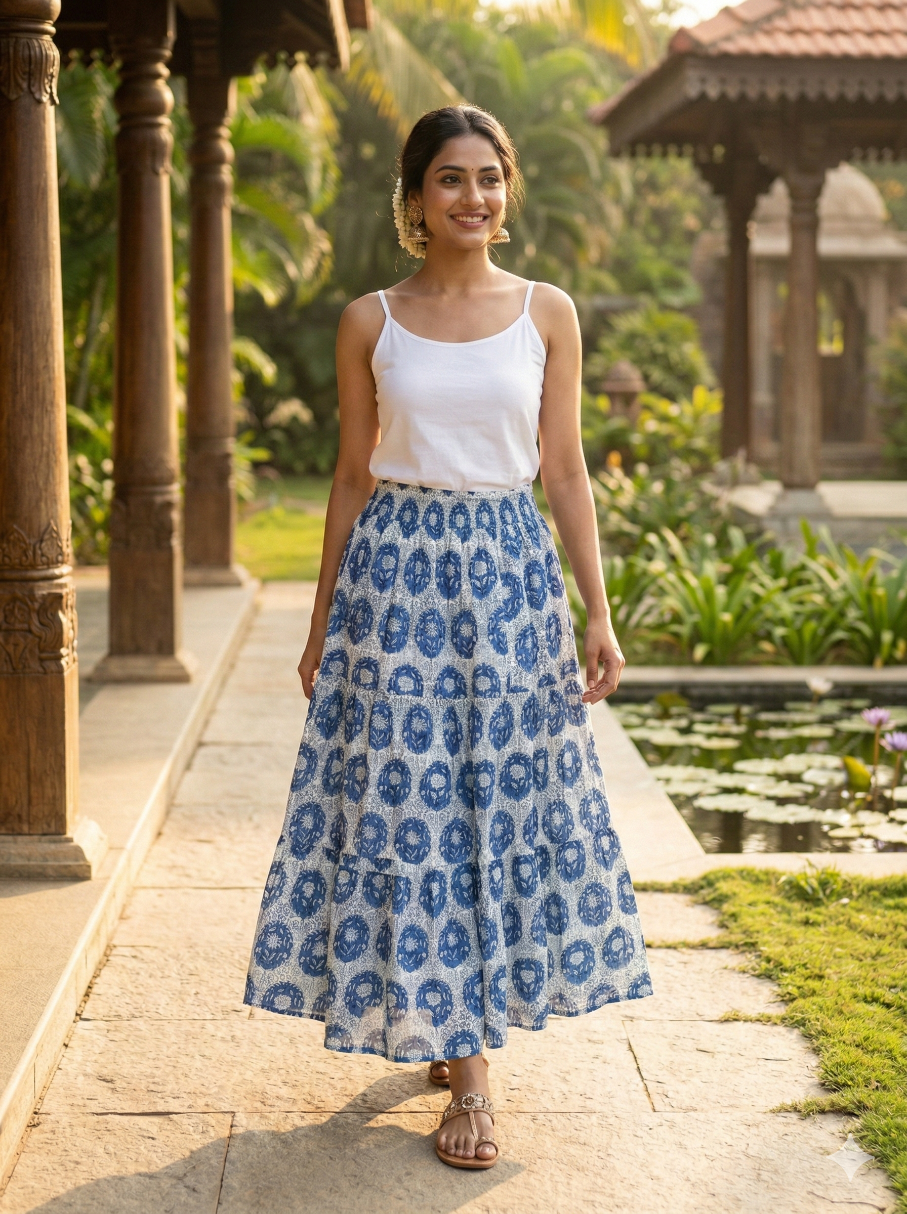 Indigo Buta Hand Block Printed Cotton Maxi Skirt – Smocked Waist Tiered Skirt
