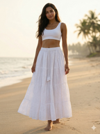 White Cotton Schiffli Embroidered Tiered Maxi Skirt with Tassel Tie-Up