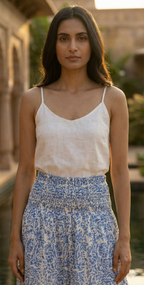 Indigo Jaal Hand Block Printed Cotton Maxi Skirt – Smocked Waist Boho Tiered Flow
