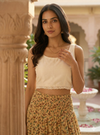 Sand Beige Leaf Hand Block Printed Cotton Maxi Skirt – Smocked Waist Tiered Skirt