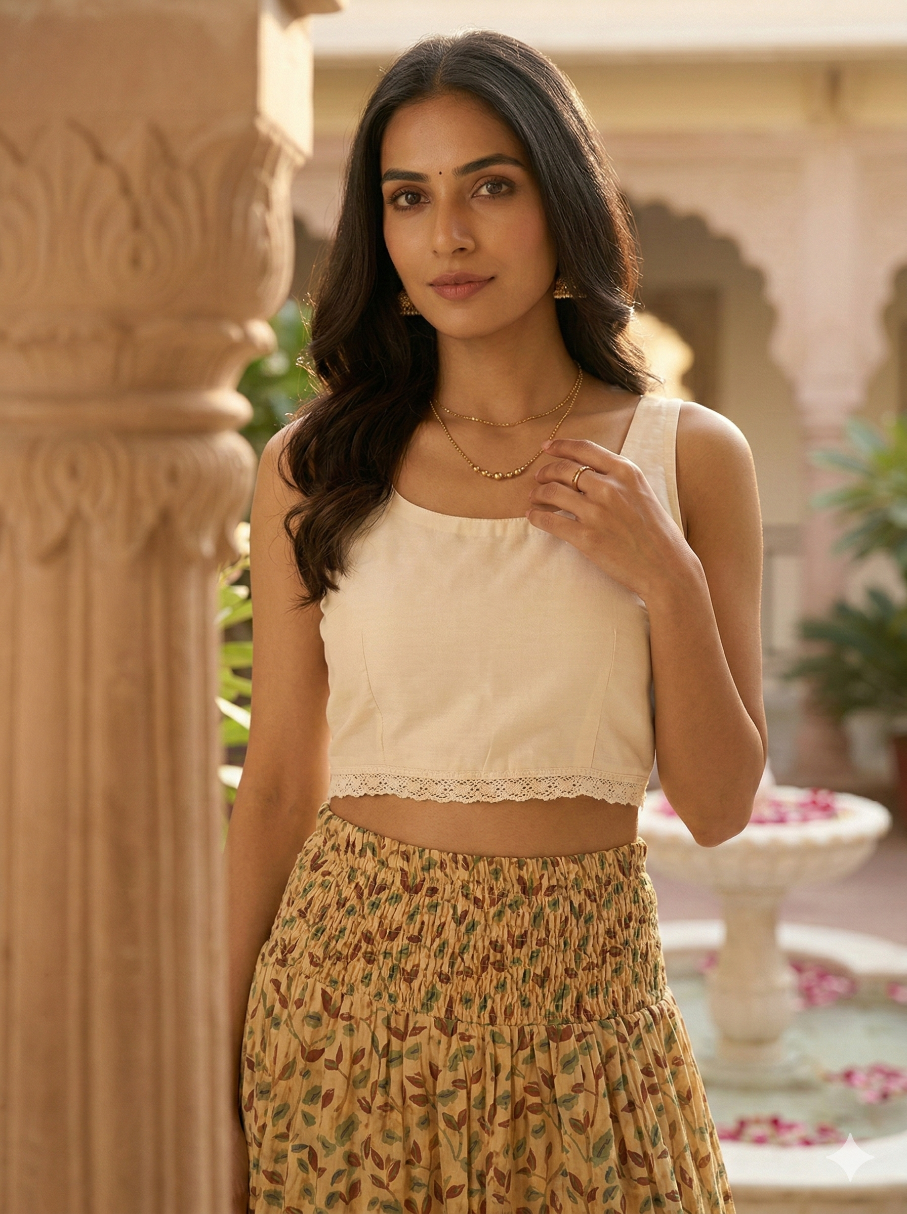 Sand Beige Leaf Hand Block Printed Cotton Maxi Skirt – Smocked Waist Tiered Skirt