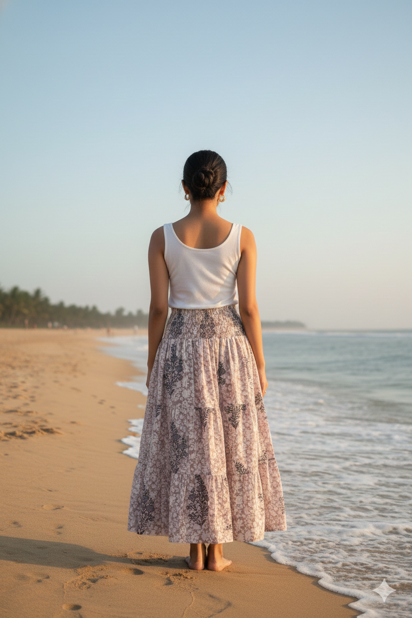 Blush Floral Hand Block Printed Cotton Maxi  Skirt – Smocked Waist Tiered Skirt