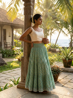 Mint Bloom Hand Block Printed Cotton Maxi Skirt – Smocked Waist Tiered Skirt