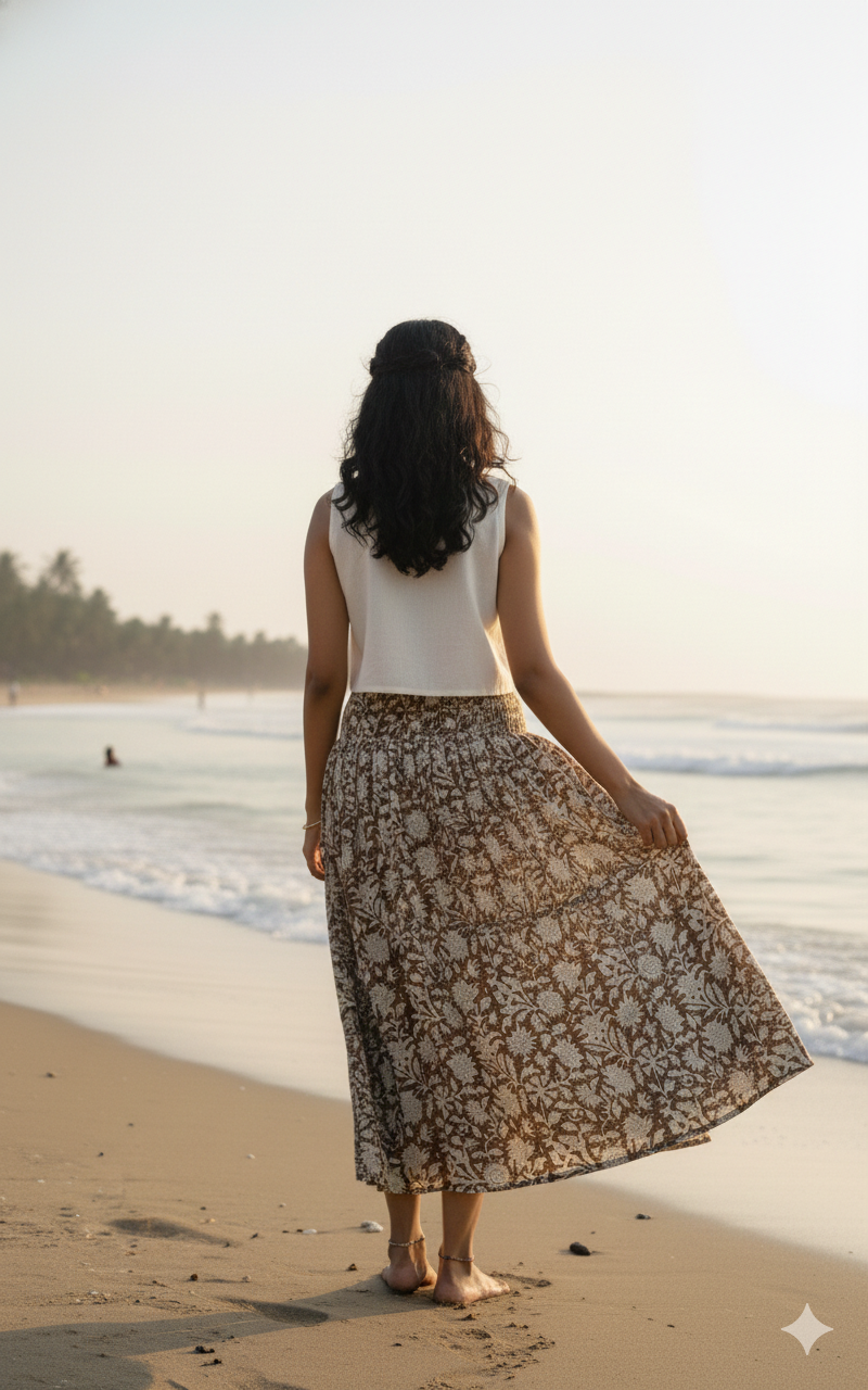 Brown & Beige Floral Hand-Block Print Full-Length Tiered Skirt