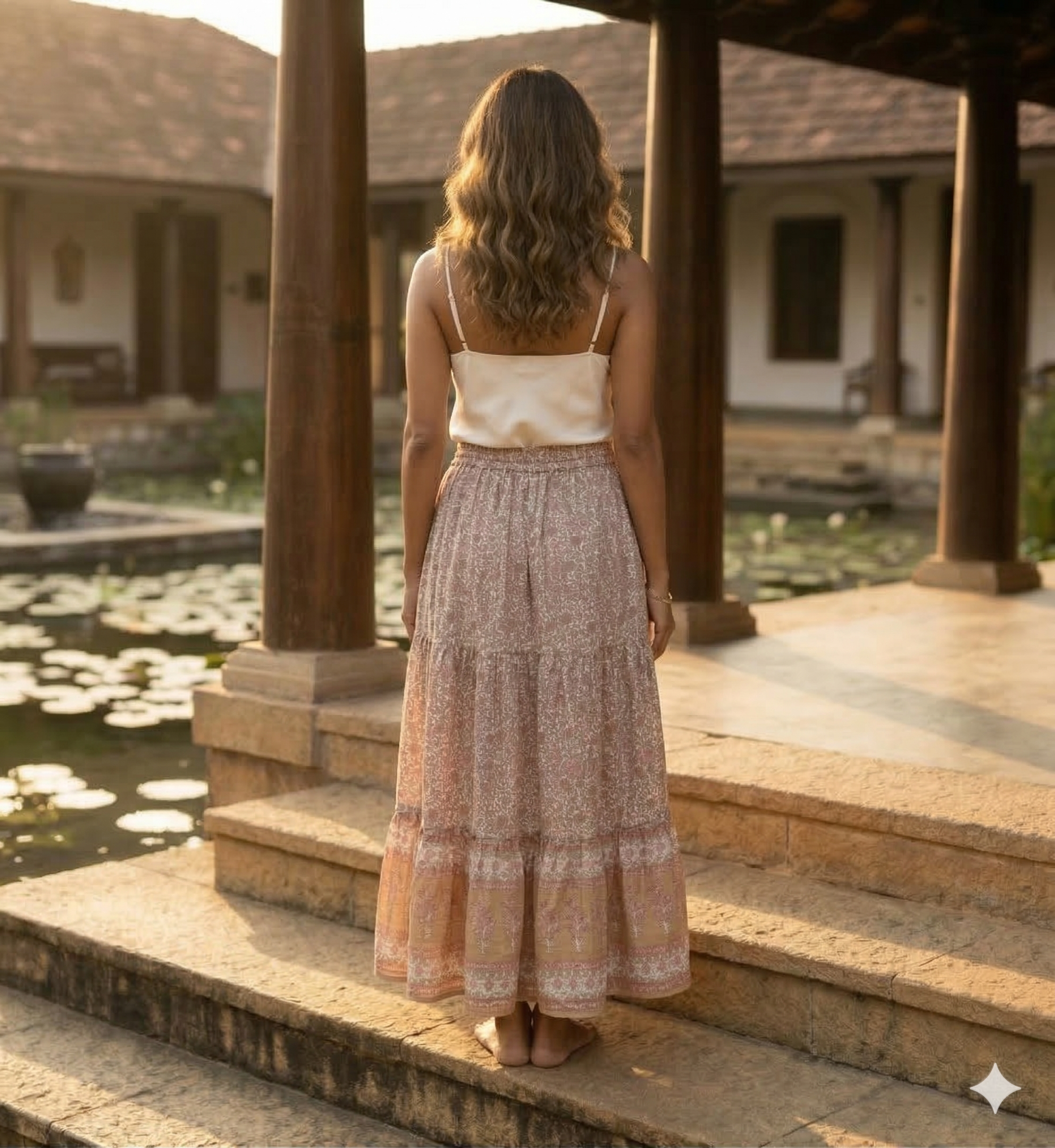 Beige Floral Screen Print Cotton Maxi Skirt – Boho Tiered Summer Skirt
