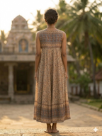 Earthy Floral Hand Screen Printed Cotton Maxi Dress with Border