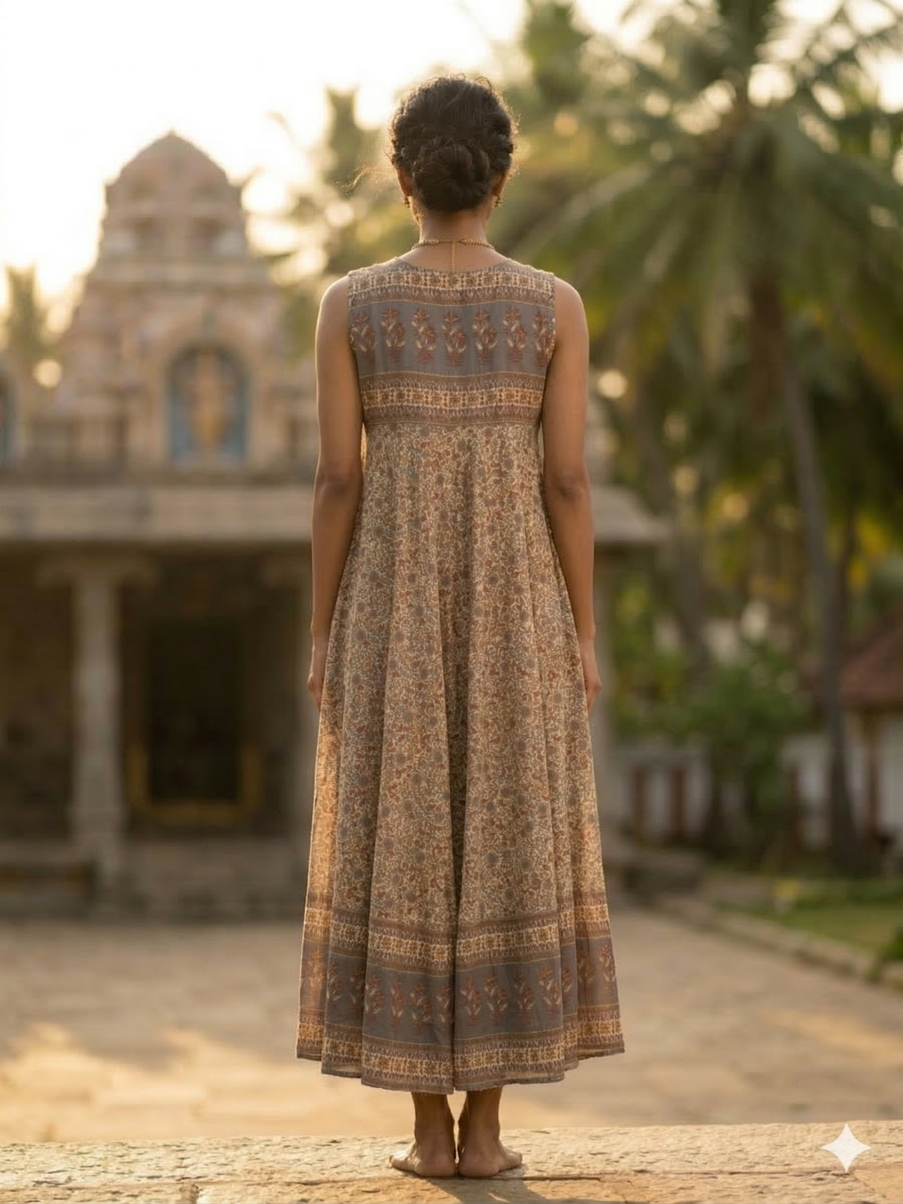 Earthy Floral Hand Screen Printed Cotton Maxi Dress with Border
