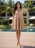 Mustard Yellow Hand-Block Printed Cotton Tiered Mini Dress with Tassels