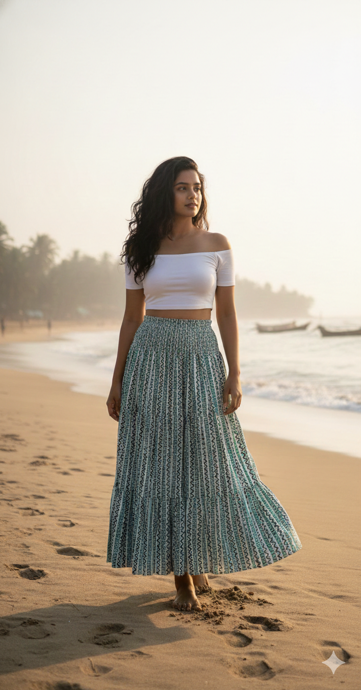 Emerald Maze Hand Block Printed Cotton Flared Maxi Skirt