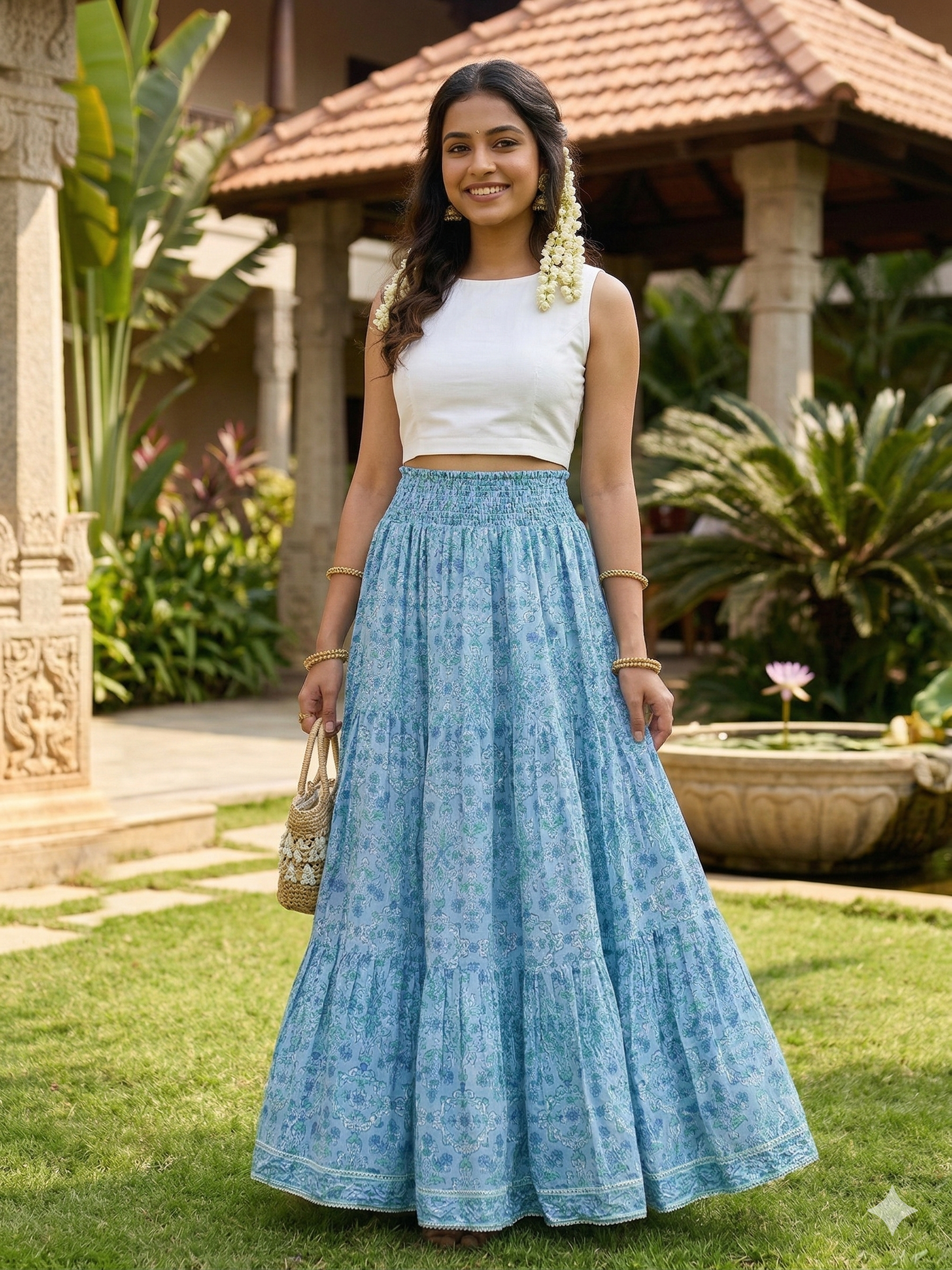 Sky Blue Floral Cotton Elastic Waist Maxi Skirt