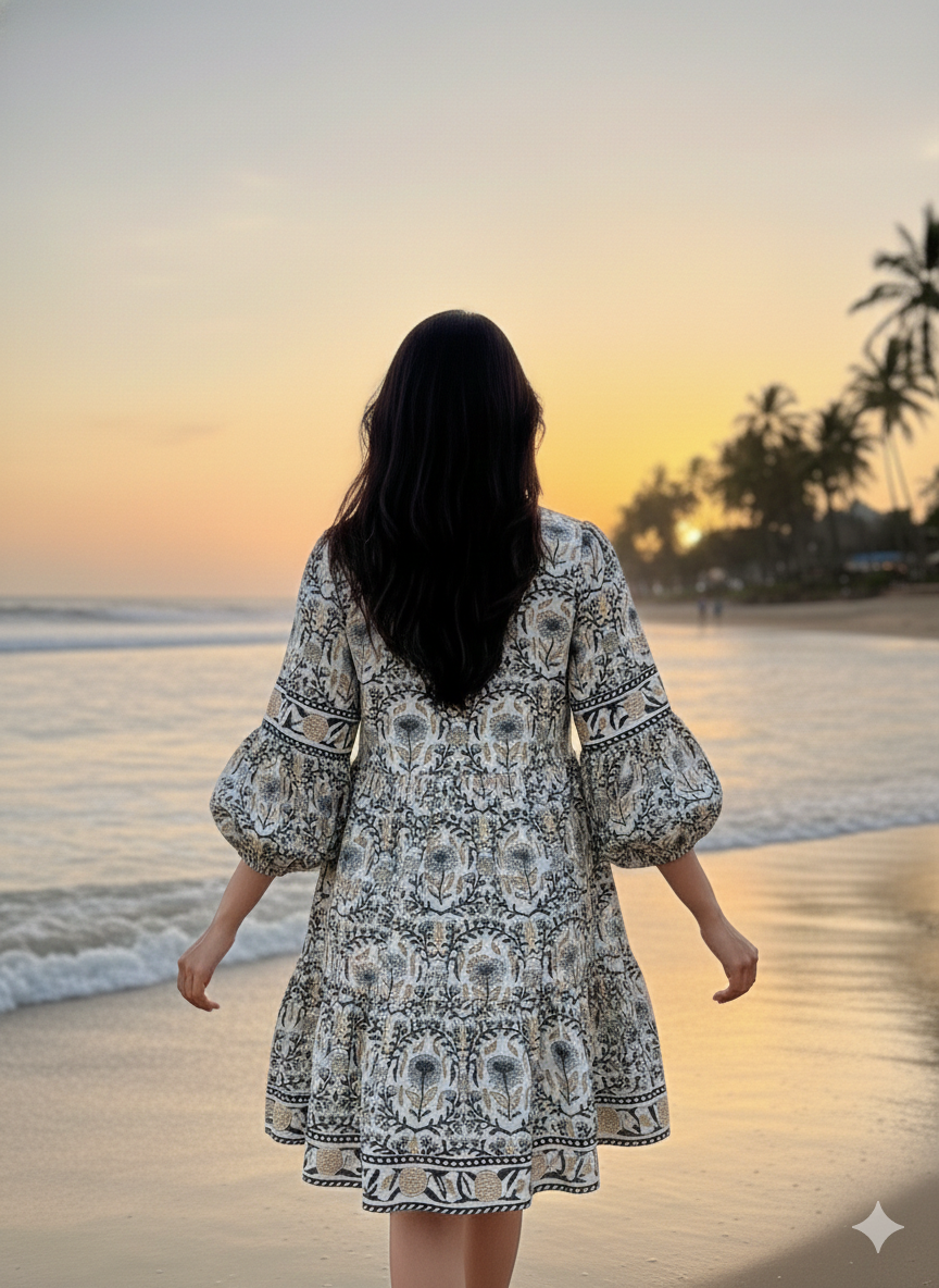 Ivory & Charcoal Floral Hand Block Printed Tiered Mini Dress
