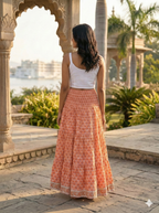Sunset Coral Handcrafted Cotton Maxi Skirt – Traditional Buti Smocked Waist