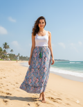 Sky Blue Hand Block Printed Cotton Flared Skirt with Tassel Tie-Up