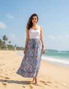 Sky Blue Hand Block Printed Cotton Flared Skirt with Tassel Tie-Up