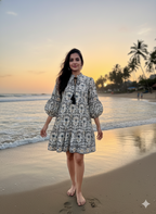 Ivory & Charcoal Floral Hand Block Printed Tiered Mini Dress