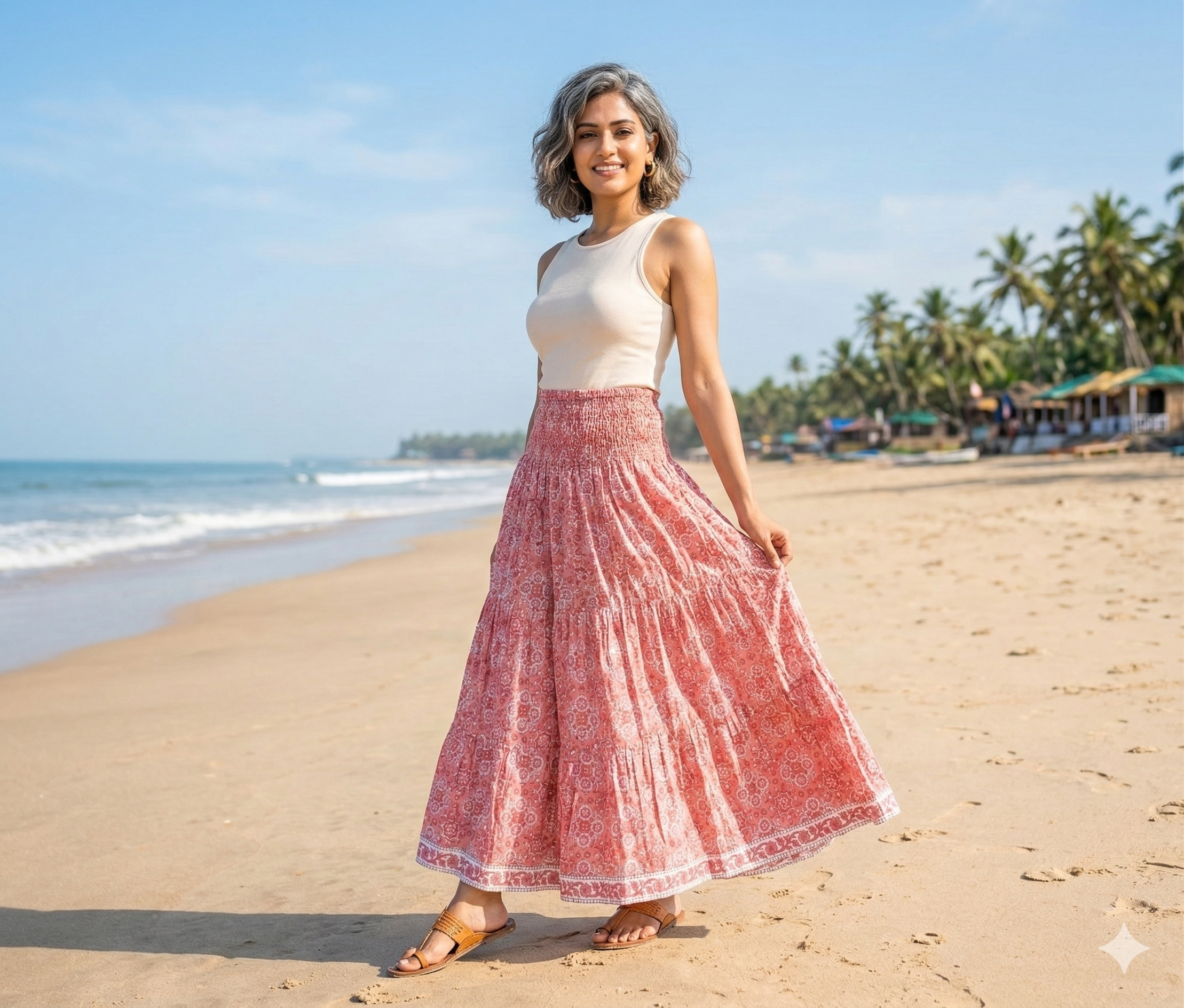 Coral Red Geometrical Block Print Cotton Maxi Skirt
