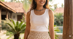 Beige Floral Hand Block Printed Cotton Flared Maxi Skirt