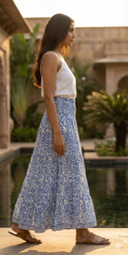 Indigo Jaal Hand Block Printed Cotton Maxi Skirt – Smocked Waist Boho Tiered Flow
