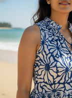 Artisanal Blue Floral Hand Block Stamped Cotton Mini Dress