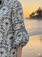 Ivory & Charcoal Floral Hand Block Printed Tiered Mini Dress