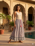 Blue Floral Hand Block Print Cotton Skirt with Tassel Waist