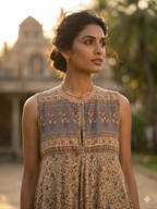Earthy Floral Hand Screen Printed Cotton Maxi Dress with Border
