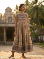 Earthy Floral Hand Screen Printed Cotton Maxi Dress with Border