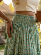 Mint Bloom Hand Block Printed Cotton Maxi Skirt – Smocked Waist Tiered Skirt