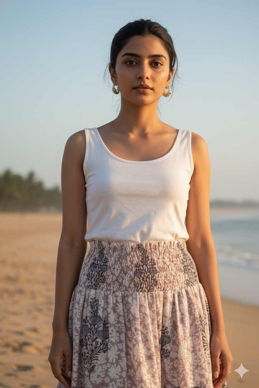 Blush Floral Hand Block Printed Cotton Maxi  Skirt – Smocked Waist Tiered Skirt